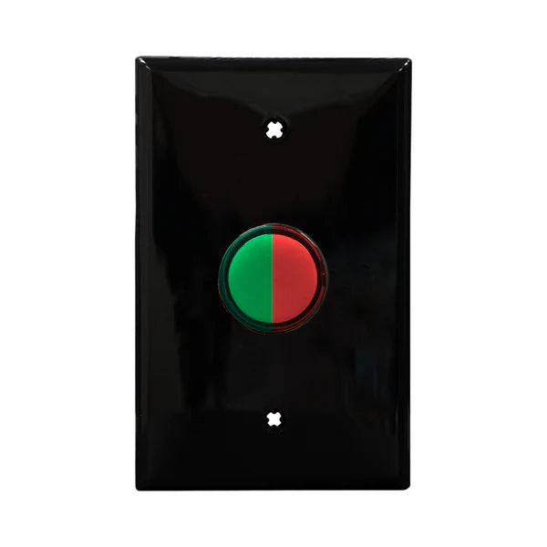 Black wall plate with red/green LED pilot lights mounted on a white background.
