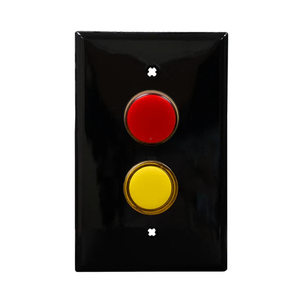 Black wall plate with red and yellow dual LED pilot lights mounted on a white background.