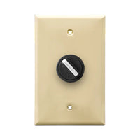 A ivory wall plate and black 2-position selector switch mounted on a white wall plate on a white background.