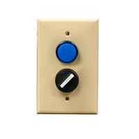 An ivory rectangular wall plate with a blue pilot light and a black rotary dial.