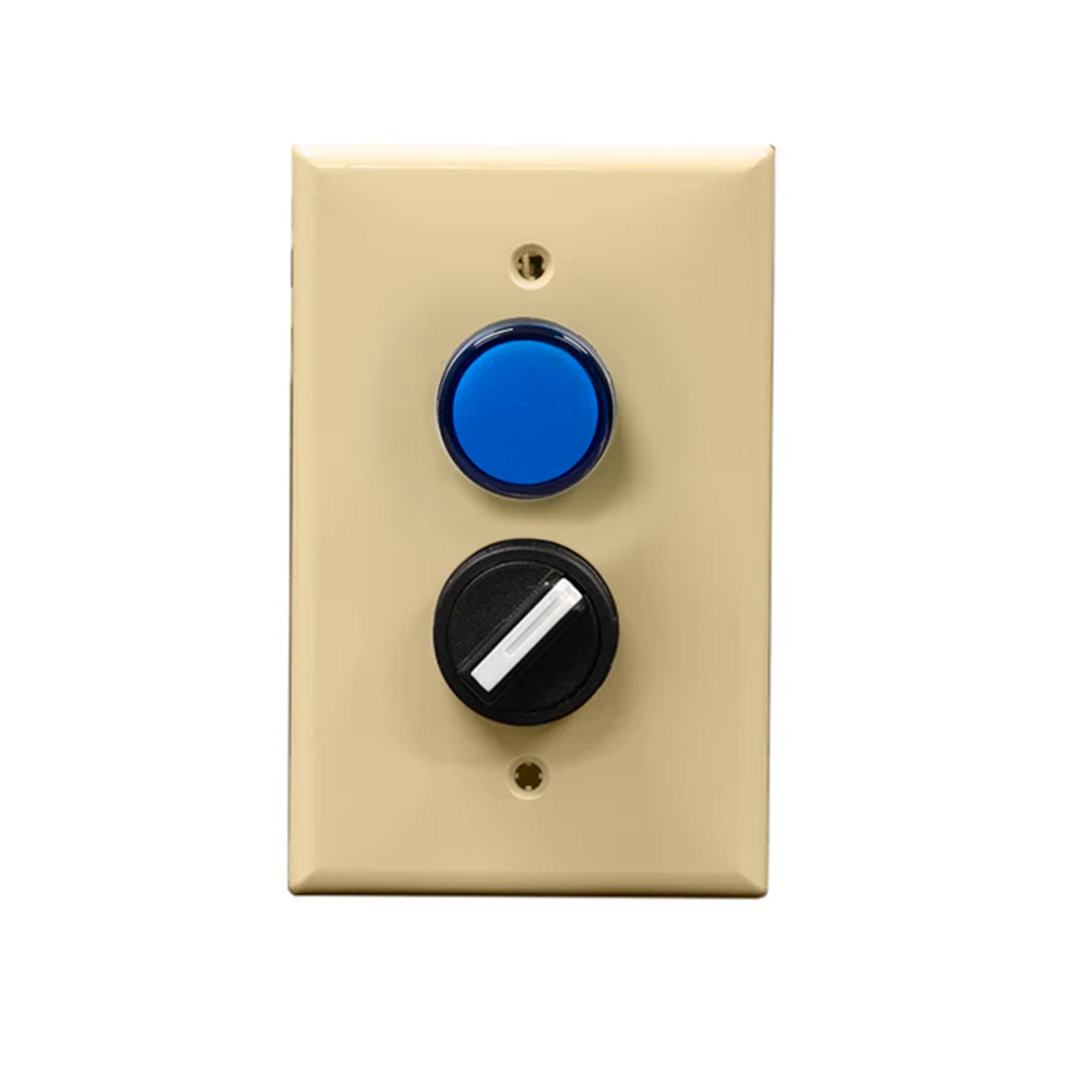 An ivory rectangular wall plate with a blue pilot light and a black rotary dial.