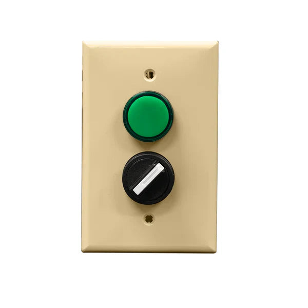 An ivory rectangular wall plate with a green pilot light and a black rotary dial.