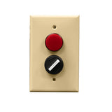 An ivory rectangular wall plate with a red pilot light and a black rotary dial.
