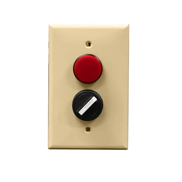 An ivory rectangular wall plate with a red pilot light and a black rotary dial.