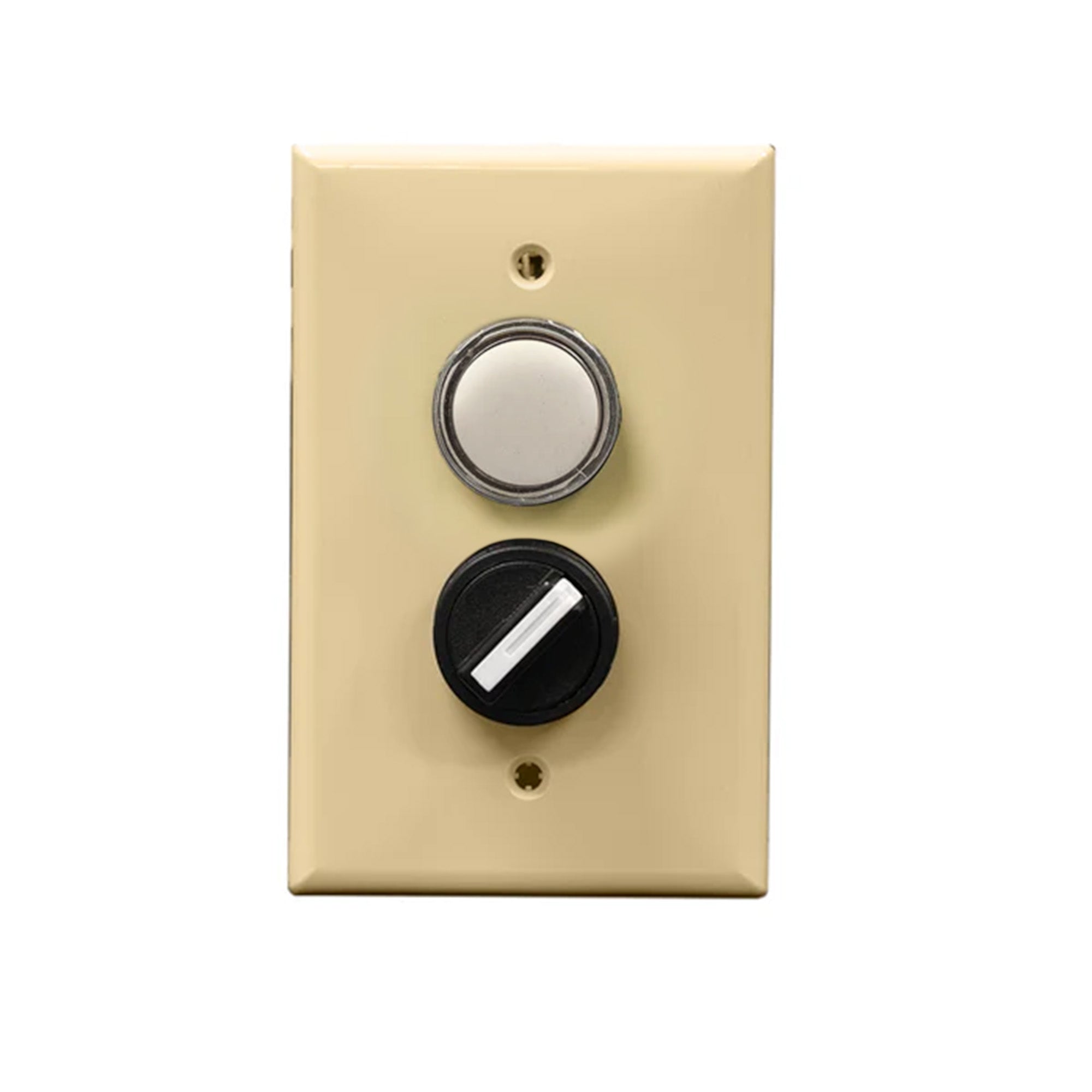 An ivory rectangular wall plate with a white pilot light and a black rotary dial.