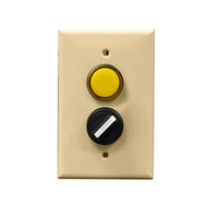 An ivory rectangular wall plate with a yellow pilot light and a black rotary dial.