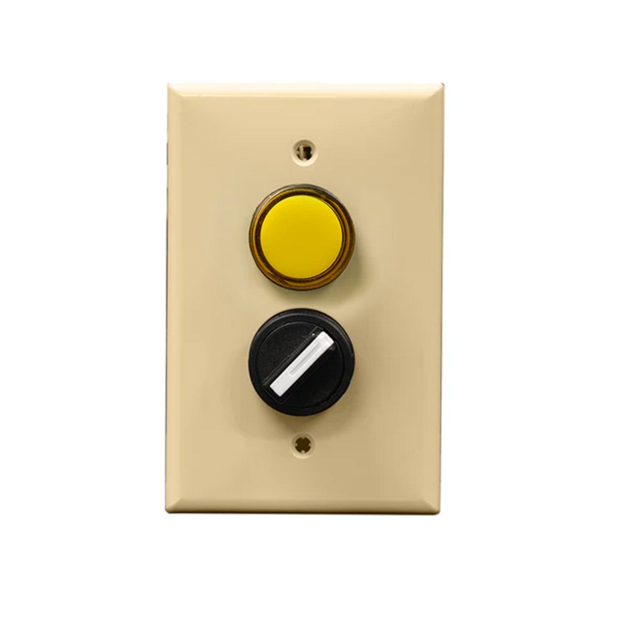 An ivory rectangular wall plate with a yellow pilot light and a black rotary dial.