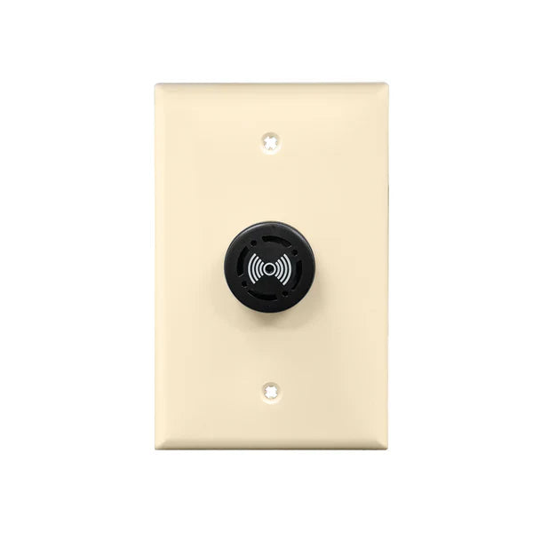 An ivory wall plate with a central black circular audible alarm component featuring a speaker icon on a white background.