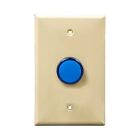 Ivory wall plate with blue LED pilot lights mounted on a white background.