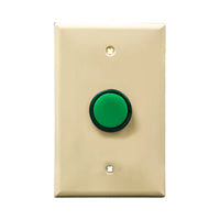 Ivory wall plate with green LED pilot lights mounted on a white background.