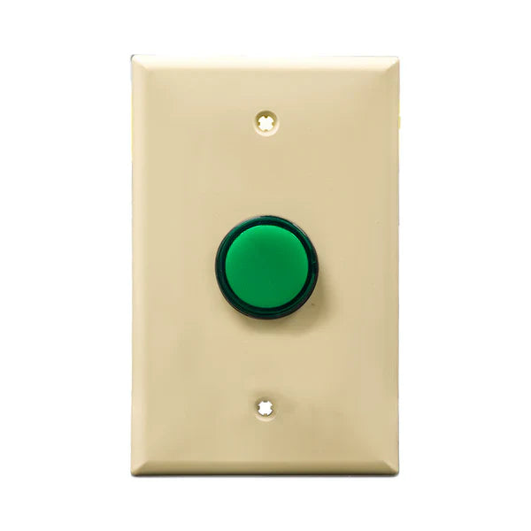 Ivory wall plate with green LED pilot lights mounted on a white background.