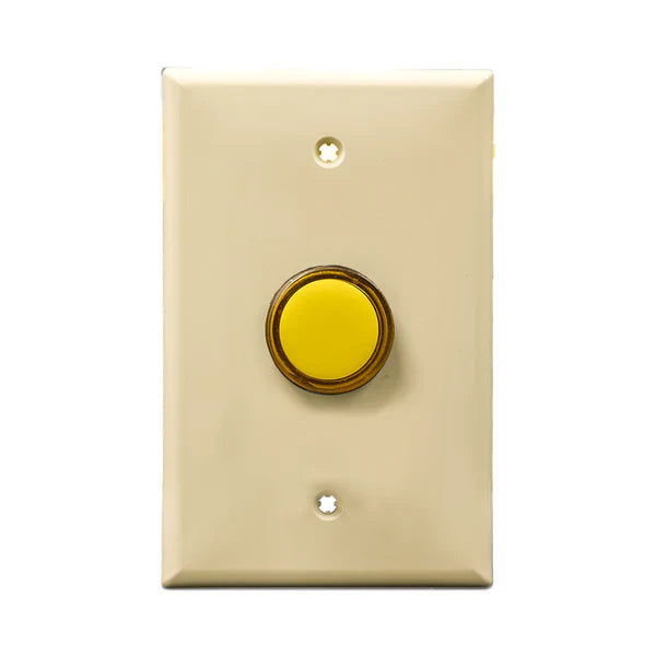 Ivory wall plate with yellow LED pilot lights mounted on a white background.