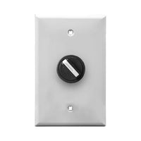 A black wall plate and black 2-position selector switch mounted on a white wall plate on a white background.