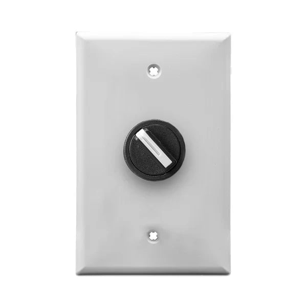 A black wall plate and black 2-position selector switch mounted on a white wall plate on a white background.