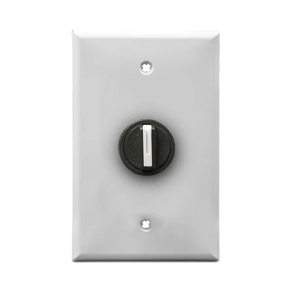 A black wall plate and black 3-position selector switch mounted on a white wall plate on a white background.