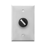A black wall plate and black 2-position selector switch mounted on a white wall plate on a white background.