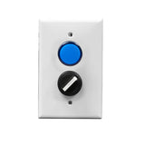 A white rectangular wall plate with a blue pilot light and a black rotary dial.