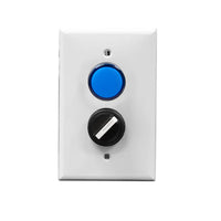 A white rectangular wall plate with a blue pilot light and a black rotary dial.