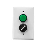 A white rectangular wall plate with a green pilot light and a black rotary dial.