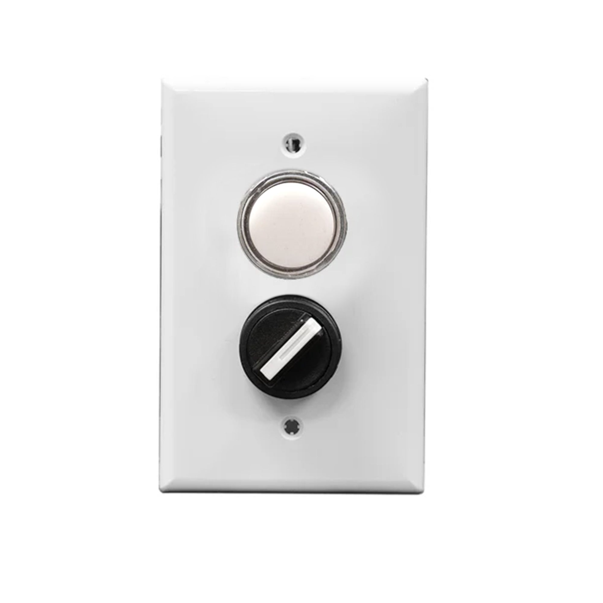 A white rectangular wall plate with a white pilot light and a black rotary dial.