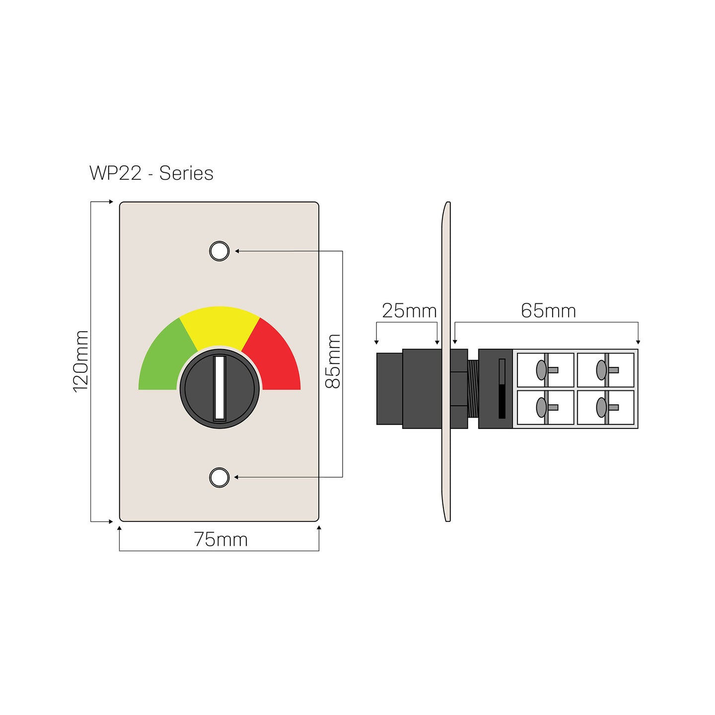 Color technical drawing depicting product dimensions from front and side perspectives. 