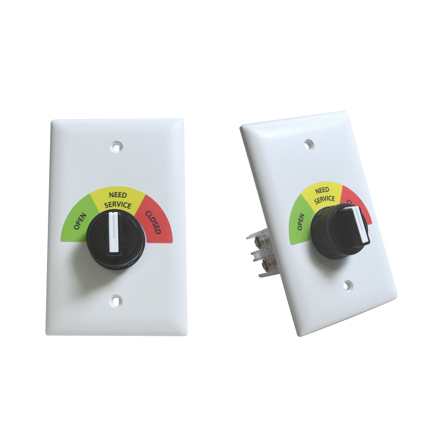 Three-position wall plate switch assemblies with a red, amber, and green color scheme on the rotary dial, mounted on a white wall plate cover.