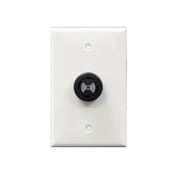 A white wall plate with a central black circular audible alarm component featuring a speaker icon on a white background.