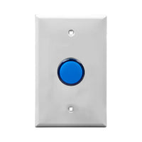 White wall plate with blue LED pilot lights mounted on a white background.