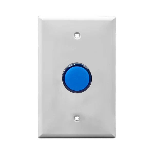White wall plate with blue LED pilot lights mounted on a white background.