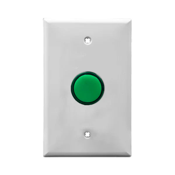White wall plate with green LED pilot lights mounted on a white background.
