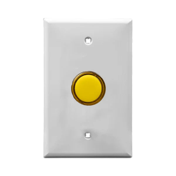 White wall plate with yellow LED pilot lights mounted on a white background.
