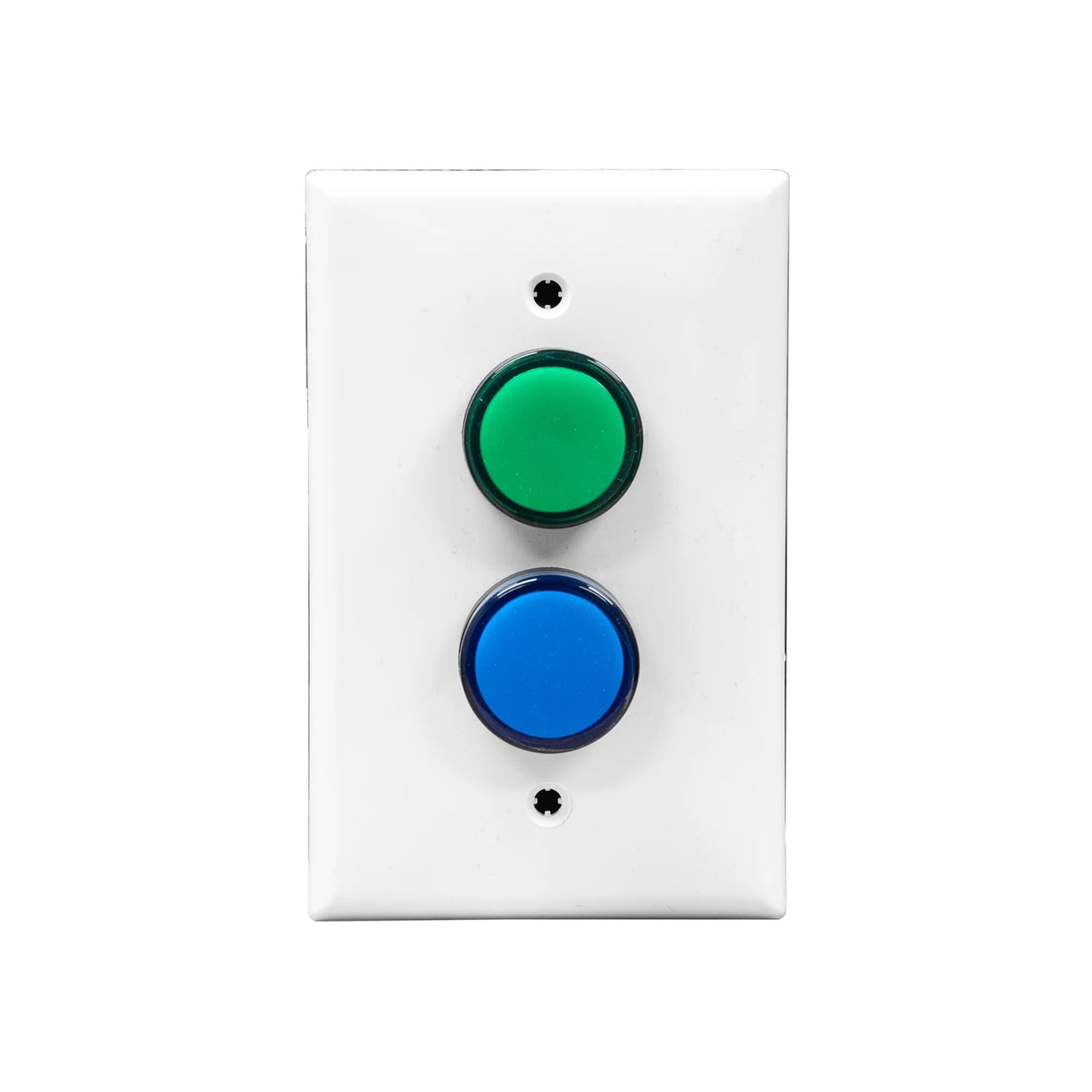 White wall plate with a green and blue LED pilot light switch on a white background.