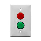 White wall plate with red and green dual LED pilot lights mounted on a white background.