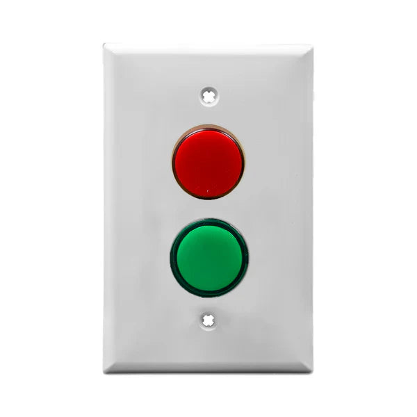 White wall plate with red and green dual LED pilot lights mounted on a white background.