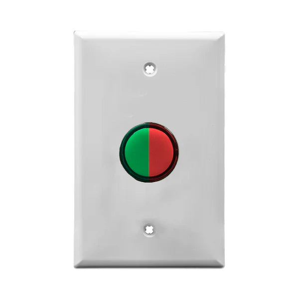 White wall plate with red/green LED pilot lights mounted on a white background.