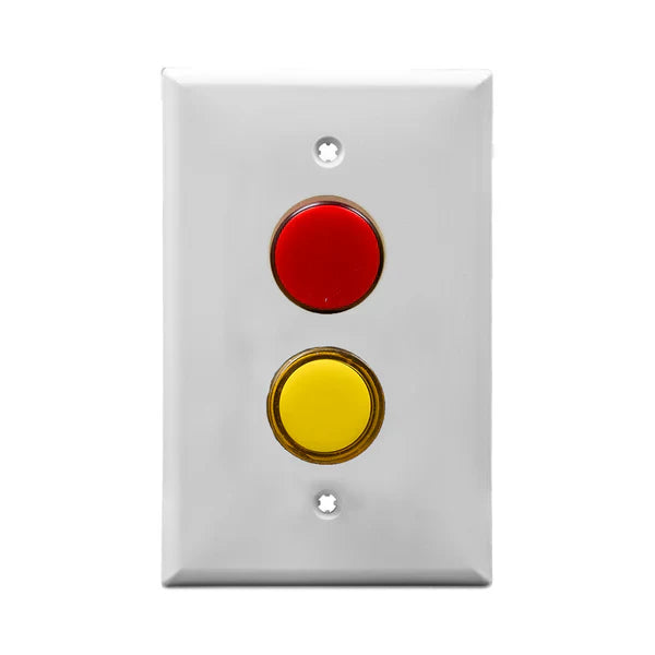 White wall plate with red and yellow dual LED pilot lights mounted on a white background.