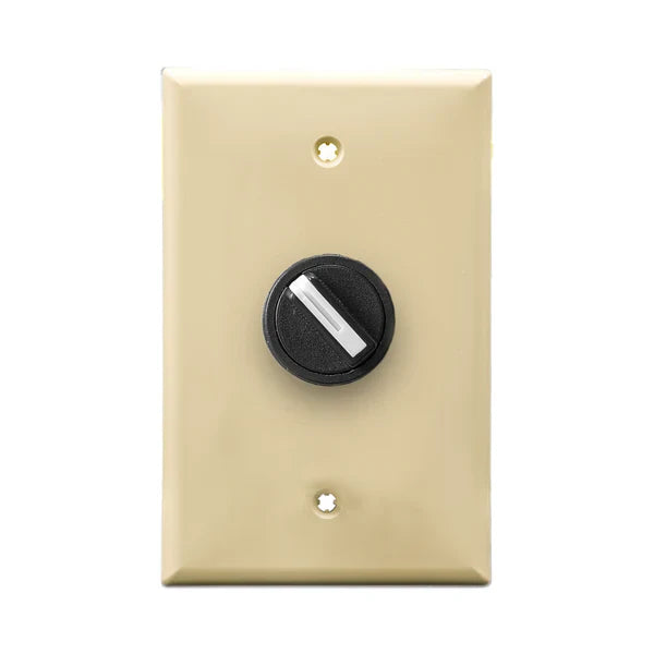 A ivory wall plate and black 2-position selector switch mounted on a white wall plate on a white background.