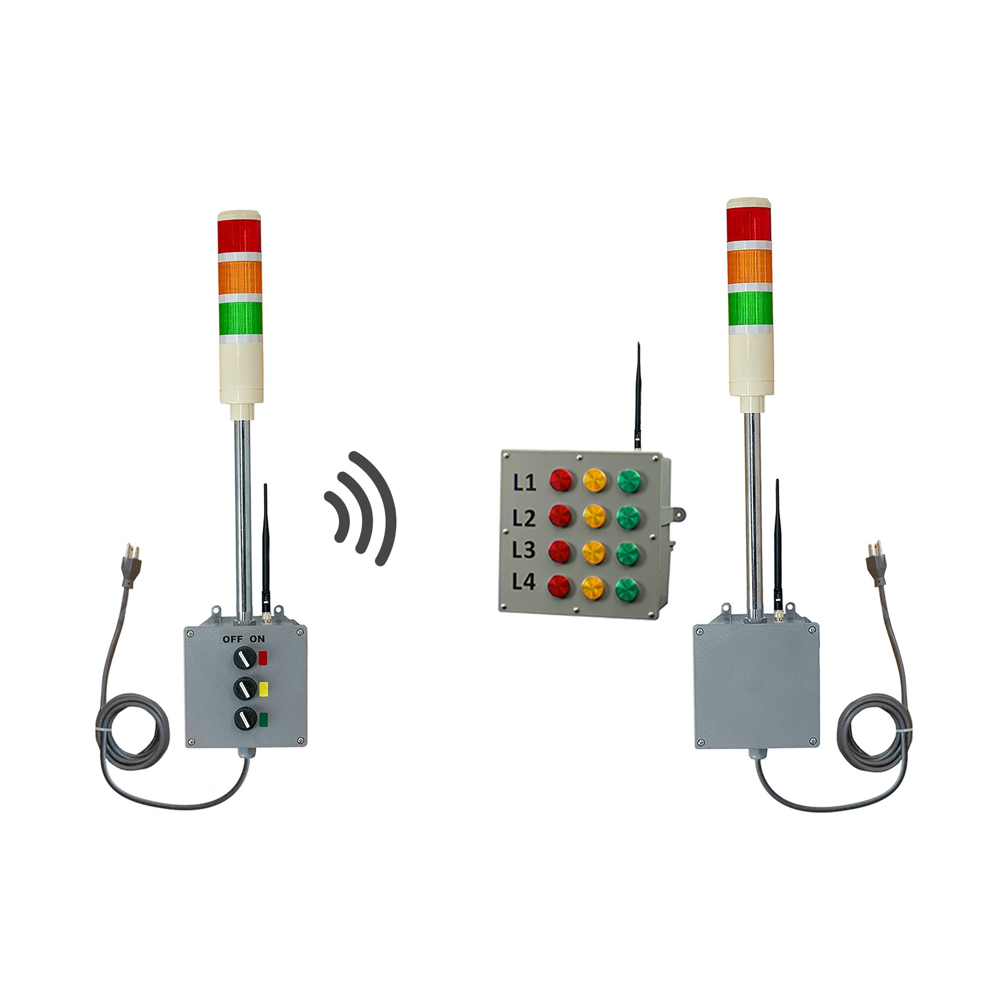 Two industrial signal lights with corresponding bingo board display on a white background.