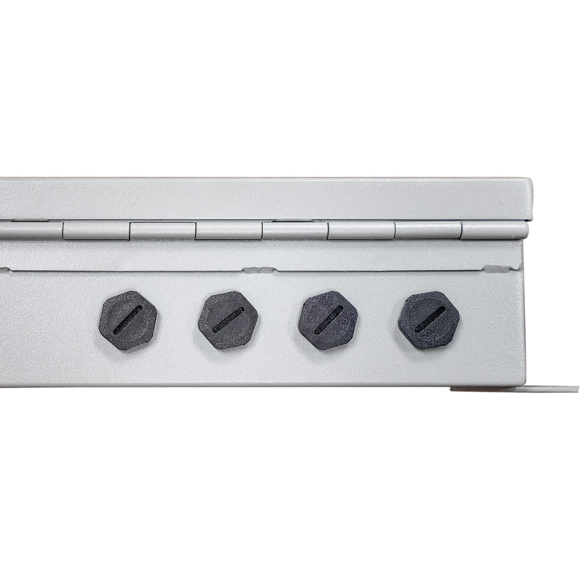 Close-up of a metallic hinge with four hexagonal pins on a white background.