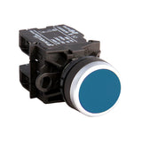 Blue button switch with black casing on a white background.