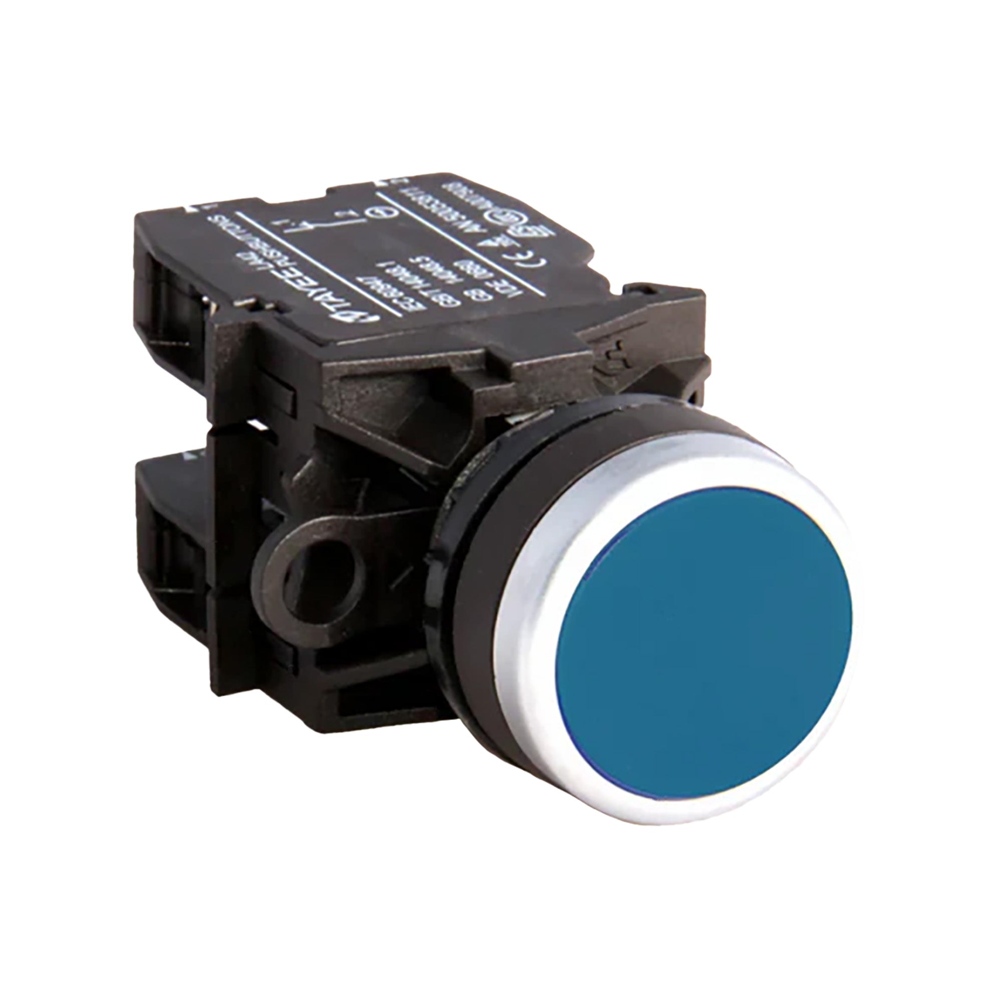 Blue button switch with black casing on a white background.