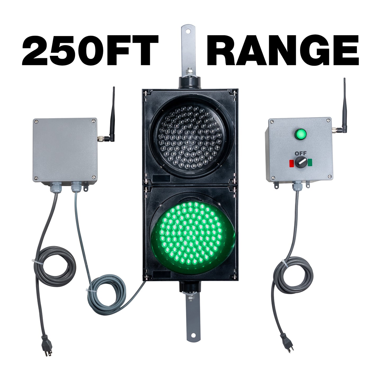 A grey 250ft range wireless transmitter and a receiver connected to an 8 Inch 2-light traffic light with a gray power supply box on the left and a gray control box on the right, on a white background.