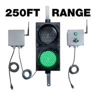 A grey 250ft range wireless transmitter and a receiver connected to an 8 Inch 2-light traffic light with a gray power supply box on the left and a gray control box on the right, on a white background.