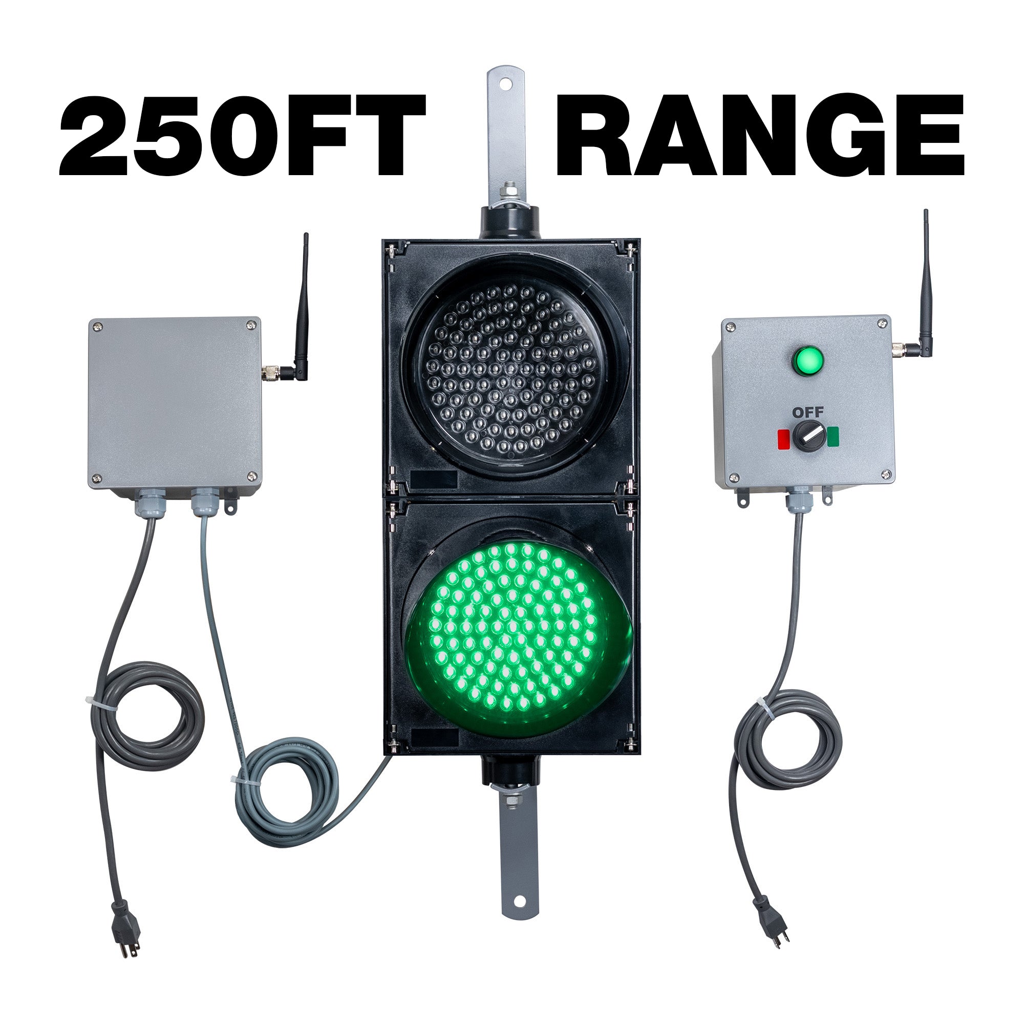 A grey 250ft range wireless transmitter and a receiver connected to an 8 Inch 2-light traffic light with a gray power supply box on the left and a gray control box on the right, on a white background.