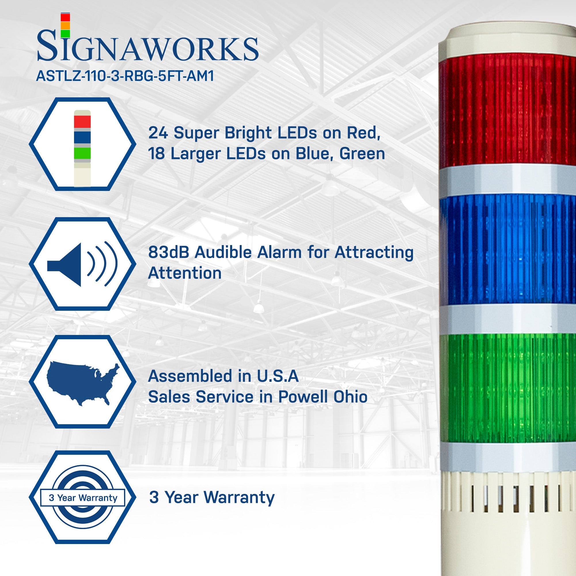 LED Andon Tower Light 5 FT Pole with Buzzer Red Blue Green