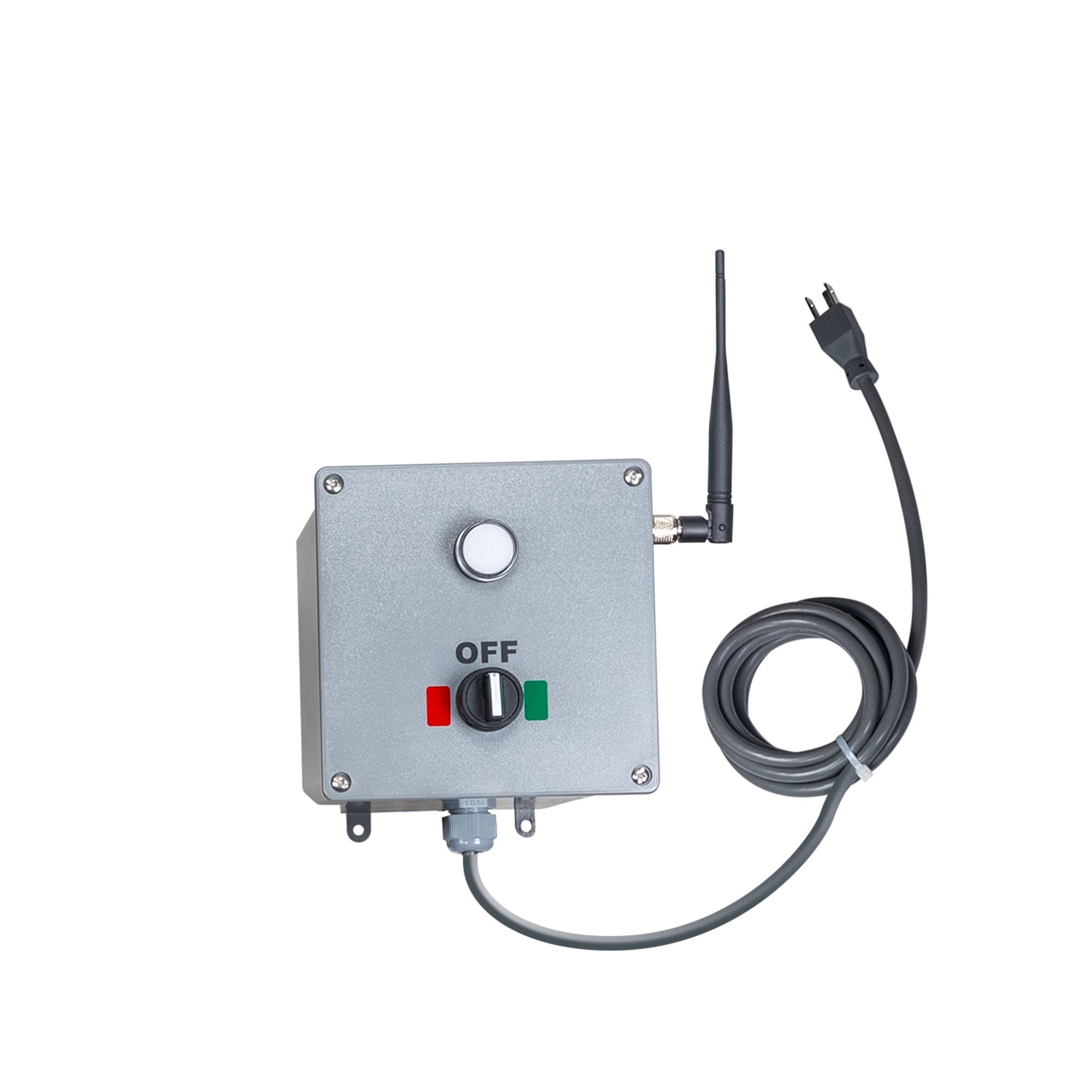 A grey metal industrial control box with a 3-position switch labeled OFF, red and green indicator lights, a black antenna, and a coiled power cable with a plug, shown on a white background.
