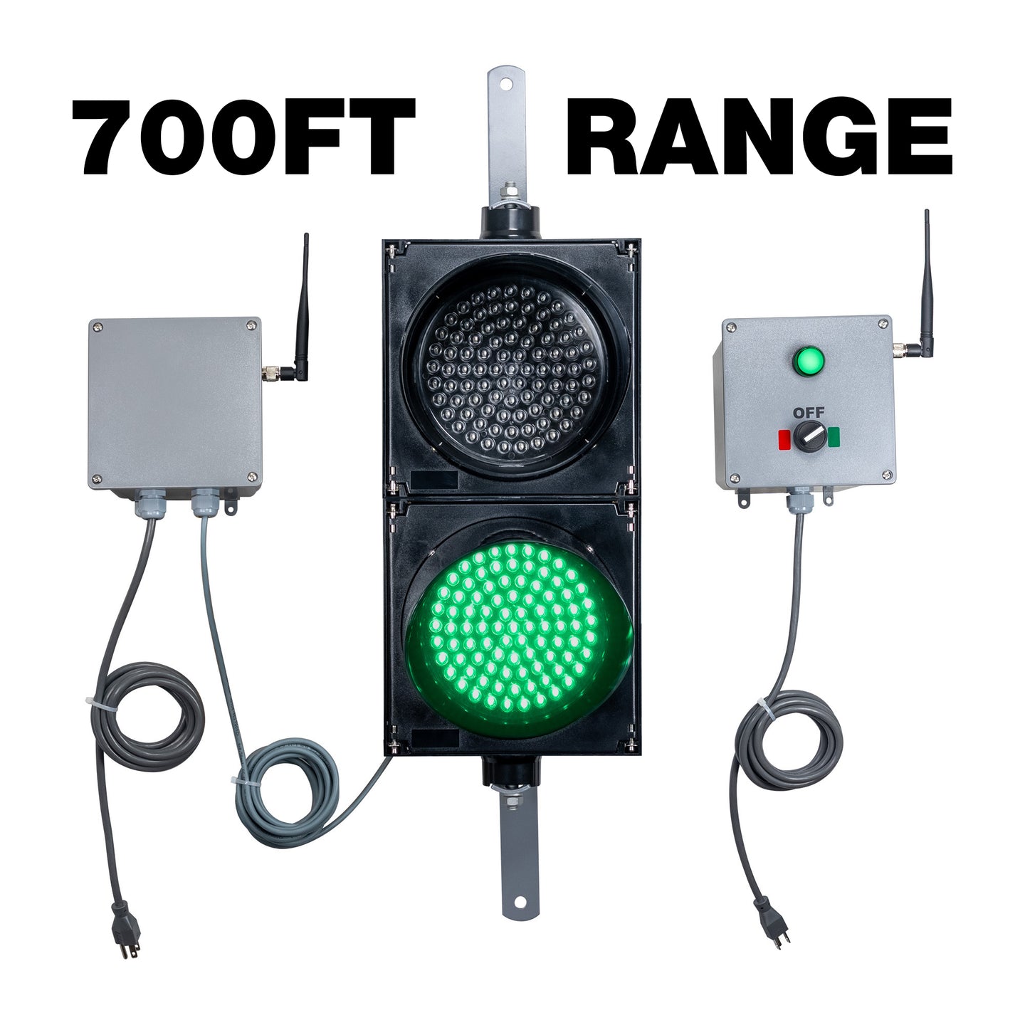 A grey 700ft range wireless transmitter and a receiver connected to an 8 Inch 2-light traffic light with a gray power supply box on the left and a gray control box on the right, on a white background.