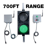 A grey 700ft range wireless transmitter and a receiver connected to an 8 Inch 2-light traffic light with a gray power supply box on the left and a gray control box on the right, on a white background.
