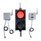 Traffic light system with red LED light, connected receiver and switch box transmitter on a white background.