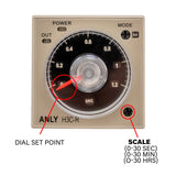 Graphic depicting dial set point and time scale of tan timer with black lettering on a white background.